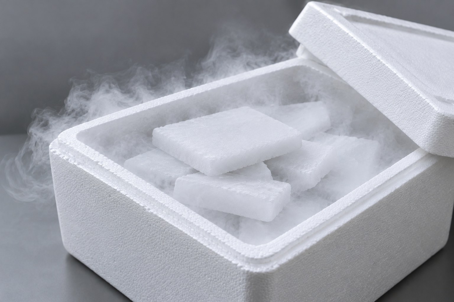 Plaquettes de glace carbonique dans une boîte polystyrène ouverte